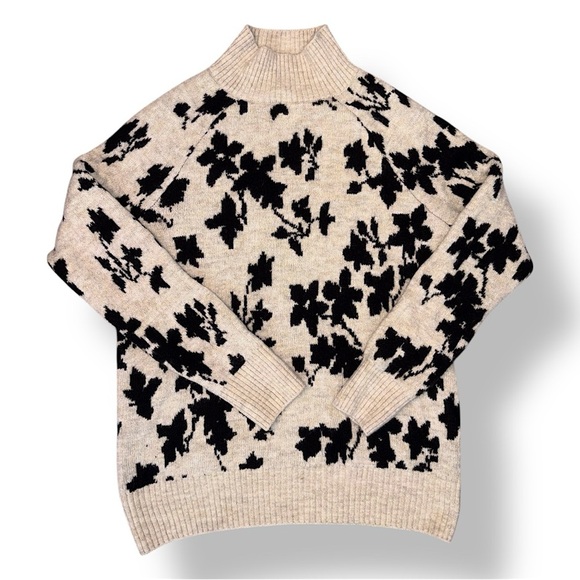 Liz Claiborne Mock Neck Beige Black Floral Sweater - Picture 1 of 14